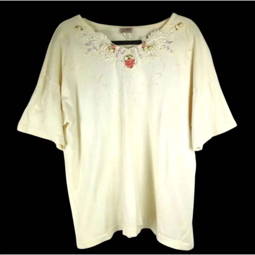 VINTAGE 90s Ecru Tee Embellished Lace Pearls Ribbon Roses XL Fairy Cottage Y2K - Picture 2 of 6